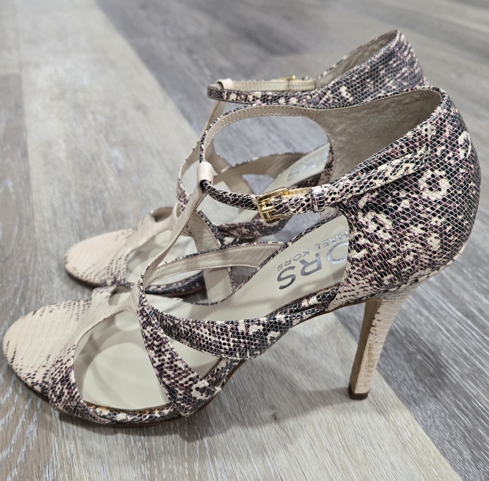 Michael Kors Leather T-Strap Python Print Heels 10 - image 2